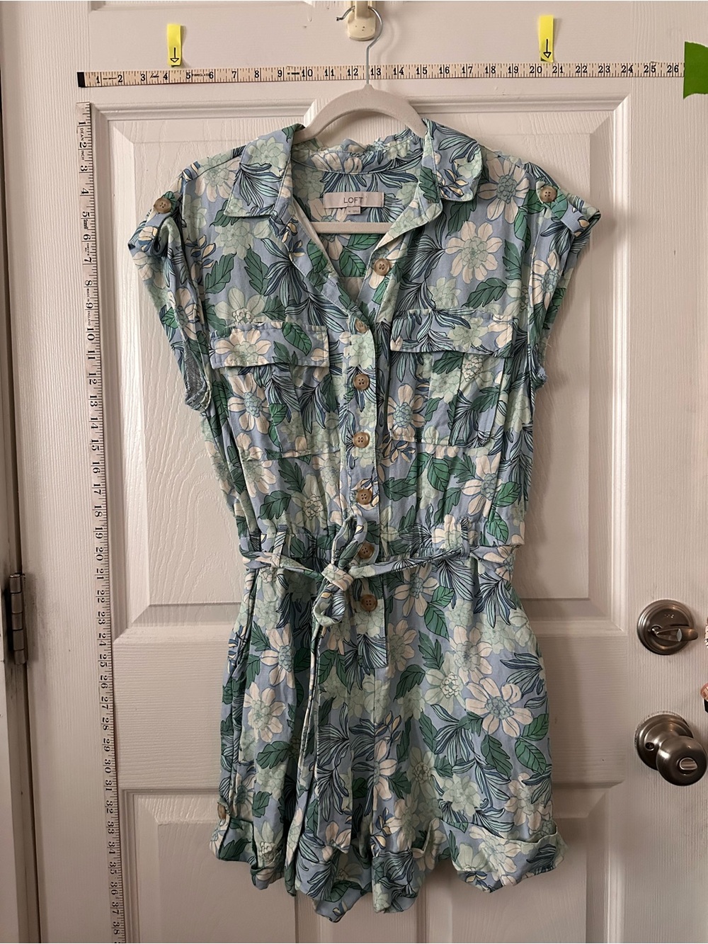 LOFT Light Blue Floral Tie-Waist Romper Dress